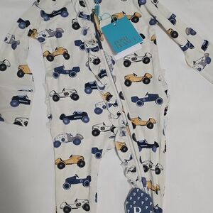 Posh Peanut Cream and Blue Car Print Footie